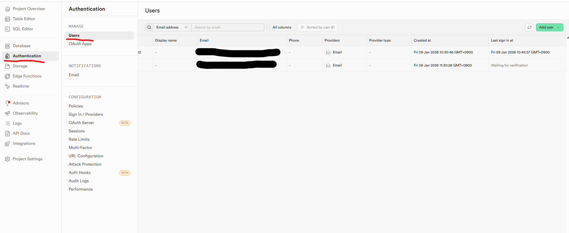 supabase Authentication Users