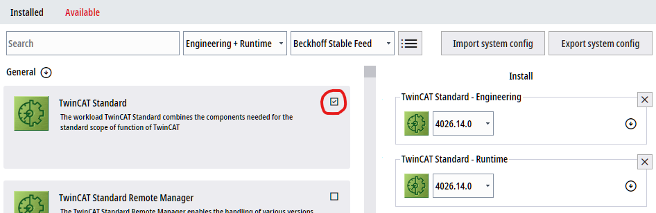 tcpkg-select-twincat-standard-package